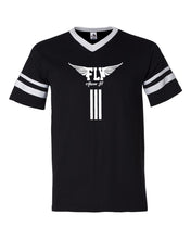 Load image into Gallery viewer, Fly Above It V-Neck Jersey with Striped Sleeves
