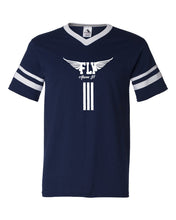 Load image into Gallery viewer, Fly Above It V-Neck Jersey with Striped Sleeves
