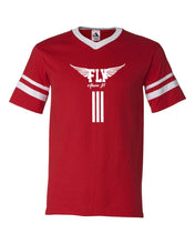 Load image into Gallery viewer, Fly Above It V-Neck Jersey with Striped Sleeves
